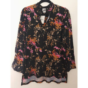 Natori Soft Black Pajama Top Winter Blossom Print, Women’s Large, TOP ONLY